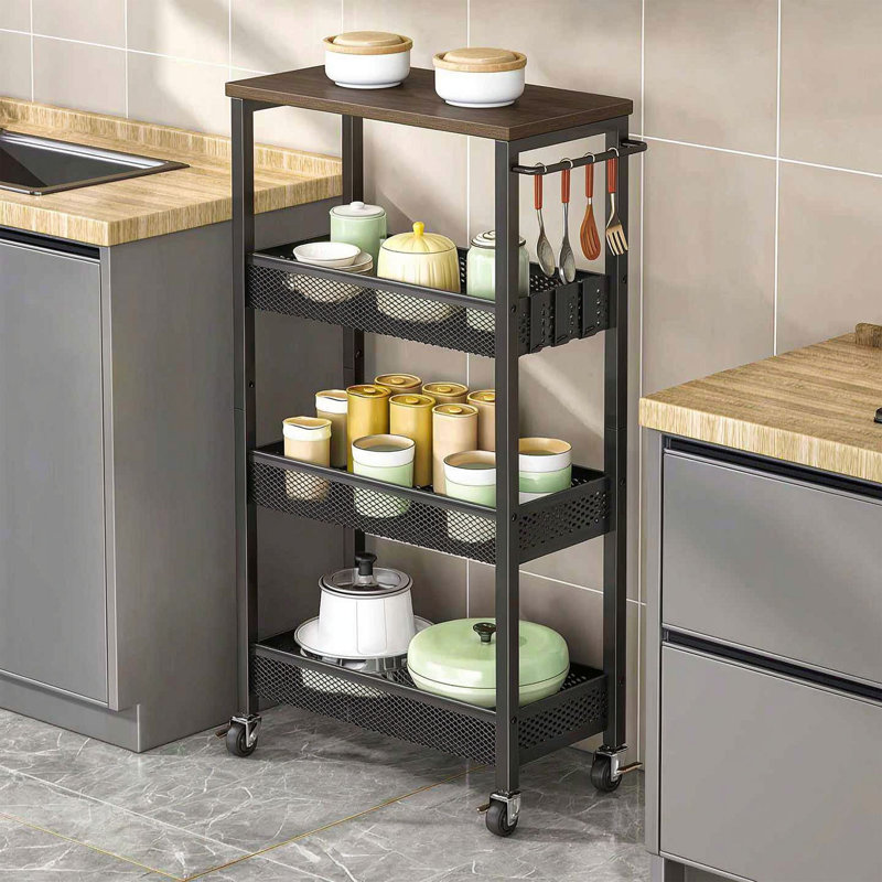 Chariot de rangement mince à 4 niveaux avec plateau en bois, organisateur de cuisine étroit sur roulettes, support à panier pour petits espaces
