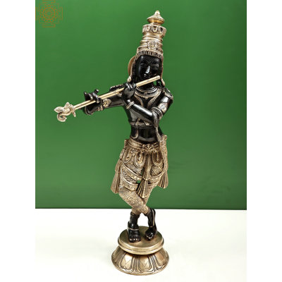 Statue de 23 po Shri Krishna en laiton de Murlimanohar fabriquée à la main - Sculpture spirituelle traditionnelle indienne pour la décoration intérieure et la méditation