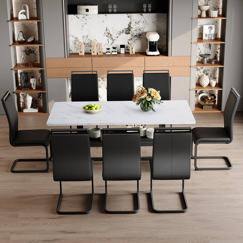 Ensemble 9 pièces de table et chaises modernes avec rangement et 8 chaises, Blanc