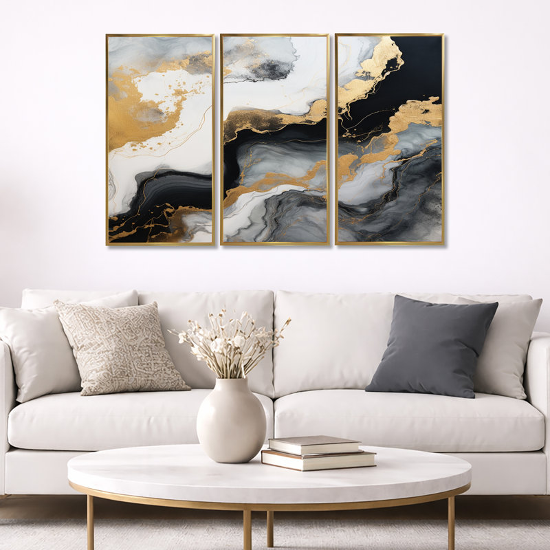 Glam Gold Flows - ensemble d'art mural en marbre noir, Cadre flottant doré, H 32 po x l 48 po x P 1 po