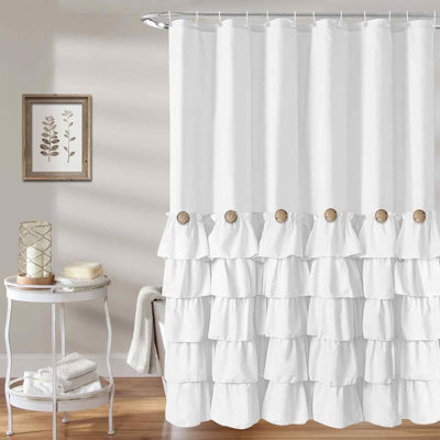 Fabric Shower Curtain with 12 Hooks - 72X72 inches, Ruffle Design for Bathroom Decor, Unique Button Detailing
