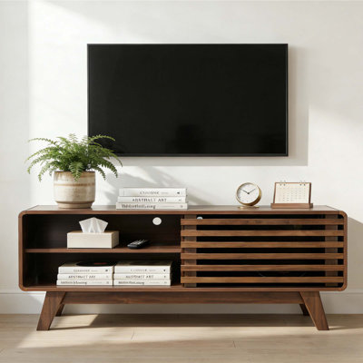 Meuble télé avec rangement, meuble audio-vidéo avec porte coulissante à lattes, meuble télé de style moderne Mid-Century, console média pour le salon