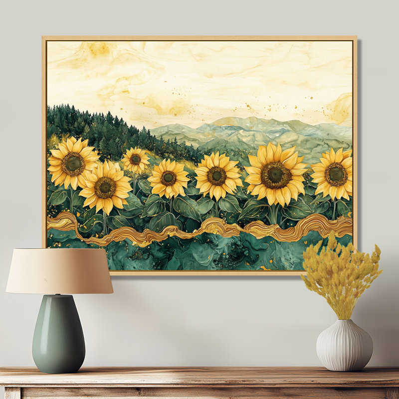 Doray, tournesols, paysage sur un sommet de la rivière Emerald - tournesols, art mural, H 12 po x l 20 po, Crème, crème