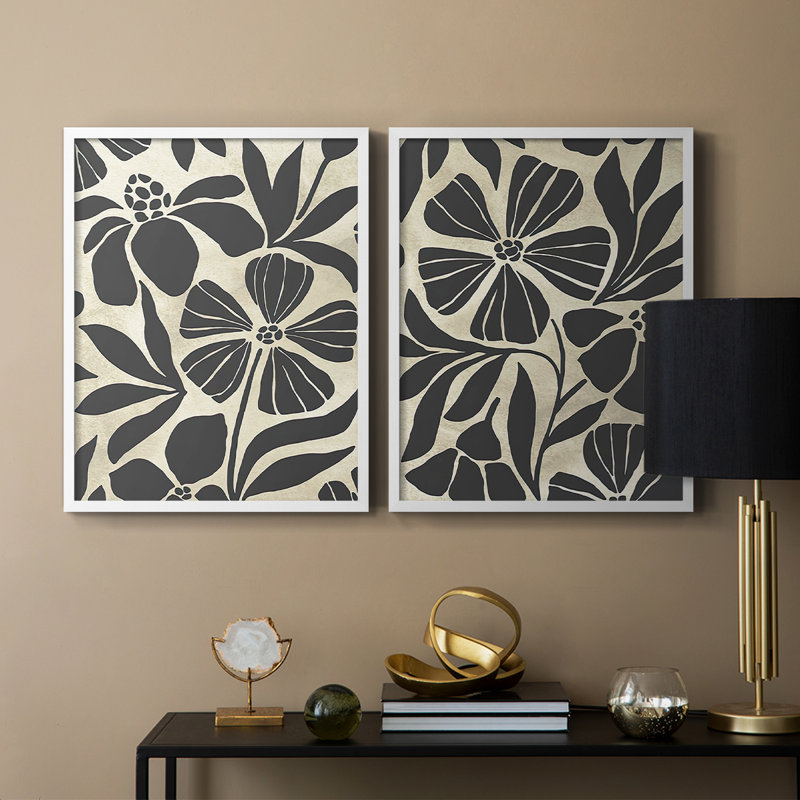 Linocut Garden I-Premium, impression encadrée - prête à être accrochée - aucun clou requis - aucun clou requis, Blanc