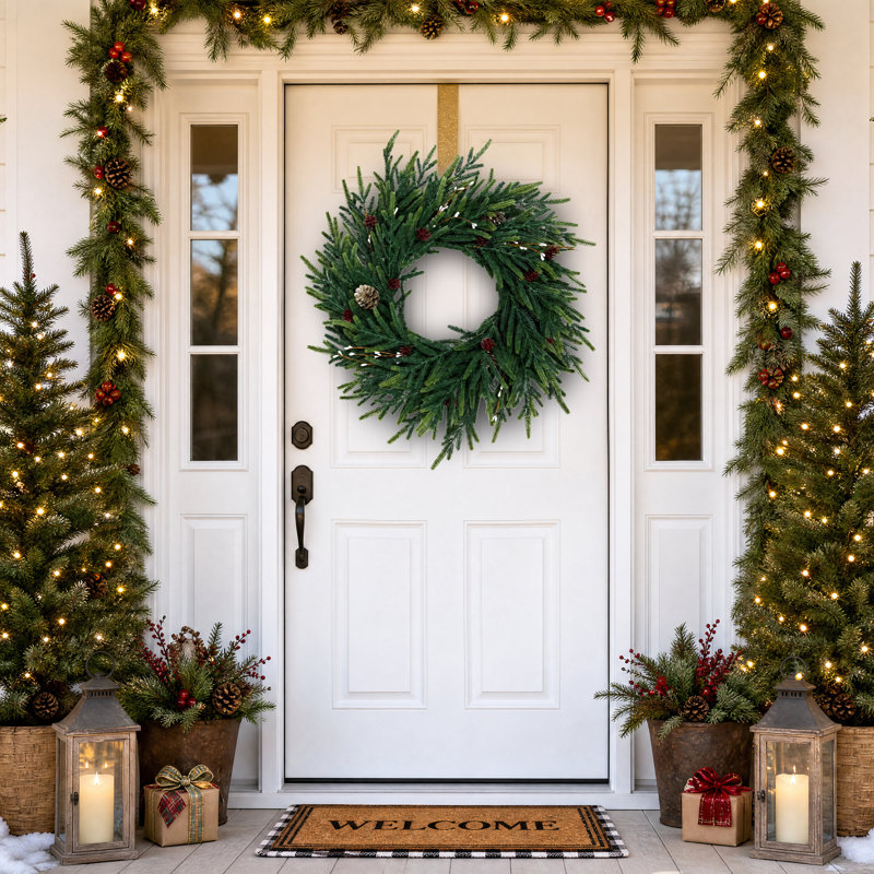 Couronne de Noël artificielle 24 po avec 20 lumières DEL, verdure de cyprès et pommes de pin pour porte d'entrée, manteau de cheminée et décoration des Fêtes 24 po