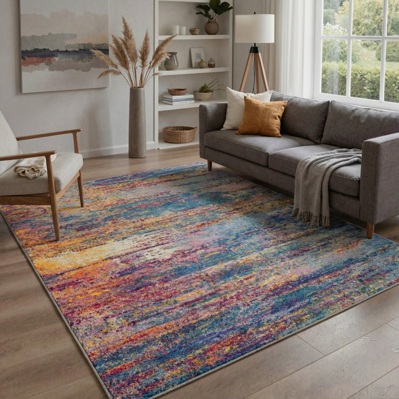Aura Abstract Stripes Machine Washable Muted Patina Indoor Area Rug With Non-Slip Backing, Rectangle 9' x 12'