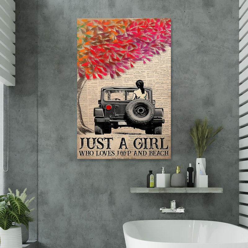 «Just a Girl Who Loves Jeep and Beach», impression sur toile tendue, L 24 po x H 36 po