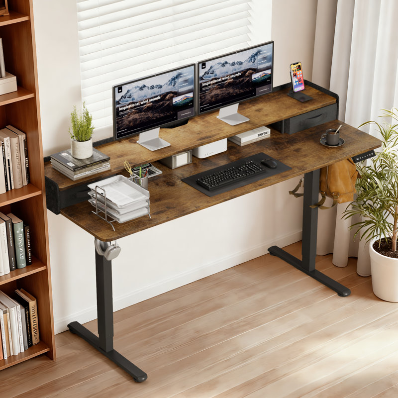 Electric Adjustable Height Standing Desk Computer Table With Drawers, Black/Black, 46.3" H x 63.8" W x 23.6" D