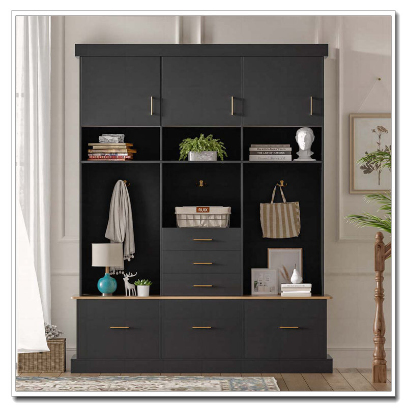 75'' H Entryway Hall Tree with Bench and Storage, 5-in-1 Modern Hall Tree with Coat Rack, 6 Drawers, 3 Cabinets and 3-Tier Top Storage