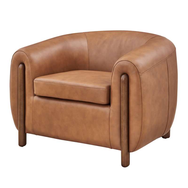 Leamon Fire-Resistant Upholstered Barrel Chair, 28" H x 38.5" W x 33" D, Jacob Brown Top Grain Leather