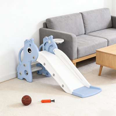 Glissade autoportante avec conception de girafe, 3 étapes, grimpeur, cerceau, construction, surface antidérapante, mains courantes latérales pour plus de stabilité, 1 an et plus approuvé, bleu et blanc, installation facile, entretien, apparence