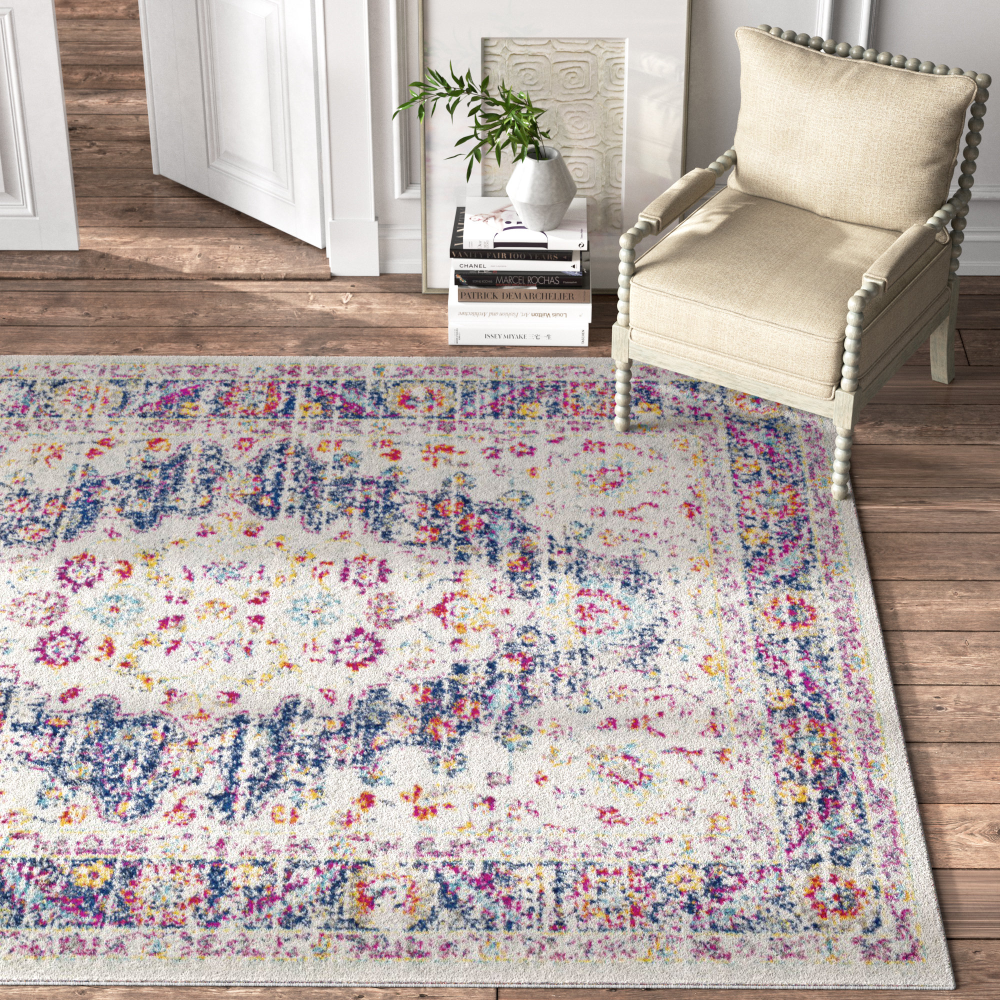 Bungalow Rose Almonte Distressed Pink/Navy Area Rug, Size: Rectangle 5'3 inch x 7'6 inch, Blue