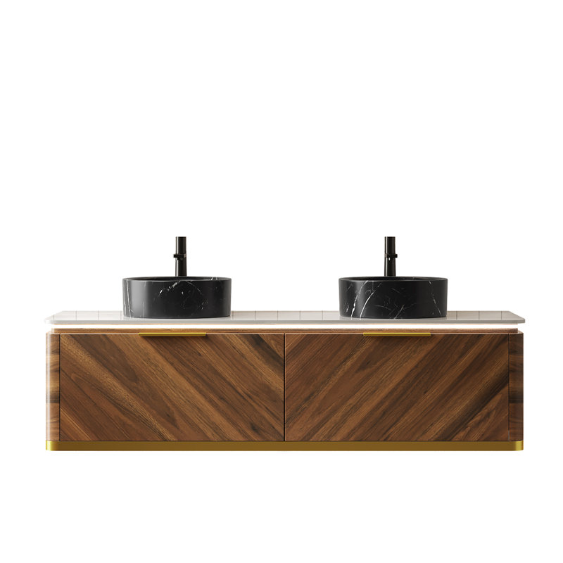 Meuble-lavabo flottant moderne avec évier, armoire en noyer foncé durable et plateau en marbre