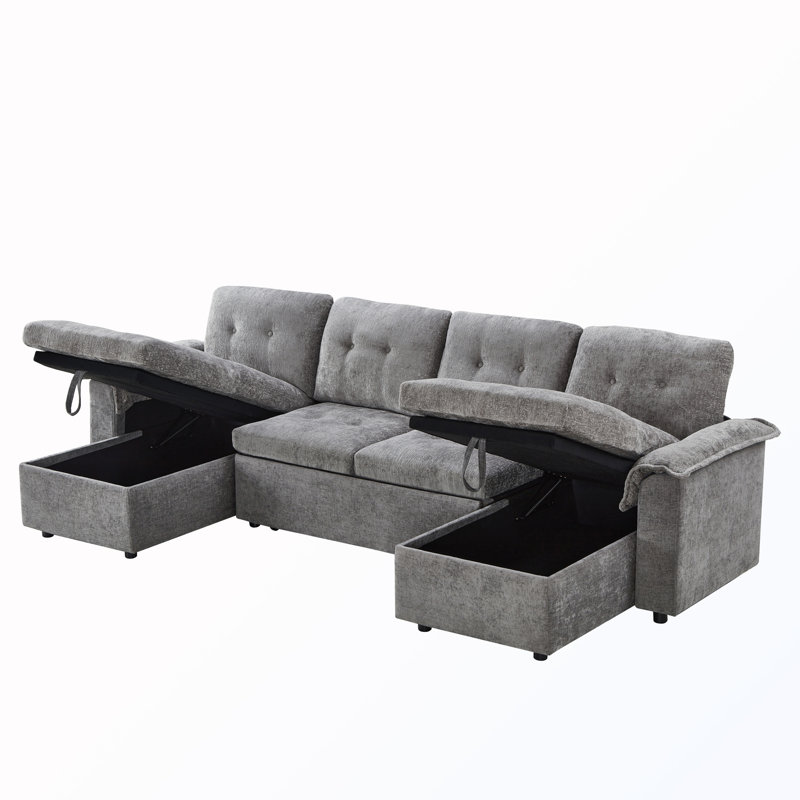 Canapé modulaire convertible en forme de U avec ports USB et porte-gobelet et rangement, Chenille gris