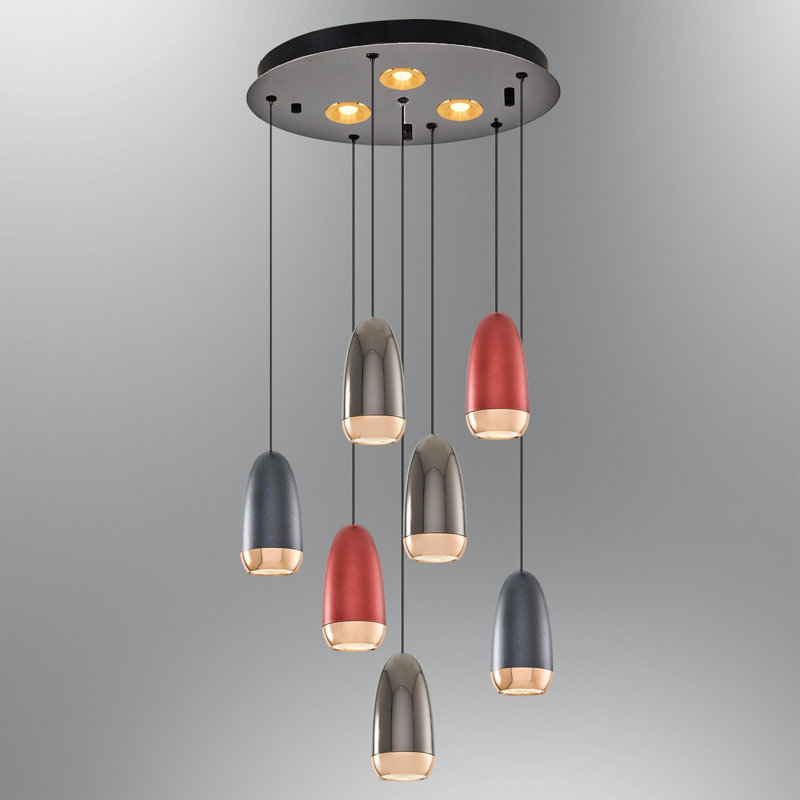 Lustre élégant en métal avec capuchon en verre opale, 11,8 po de diamètre x 47,2 po de hauteur | 1 x douille DEL 44 W, 3 000 K / 4 400 L, assemblée | Design élégant rouge, brun et bleu, parfait pour les espaces de salle à manger et de salon modernes