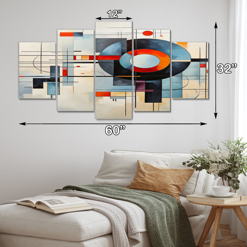 «Beige bleu suprématisme géométrique métamorphose», impression d'art abstrait sur toile - 5 panneaux