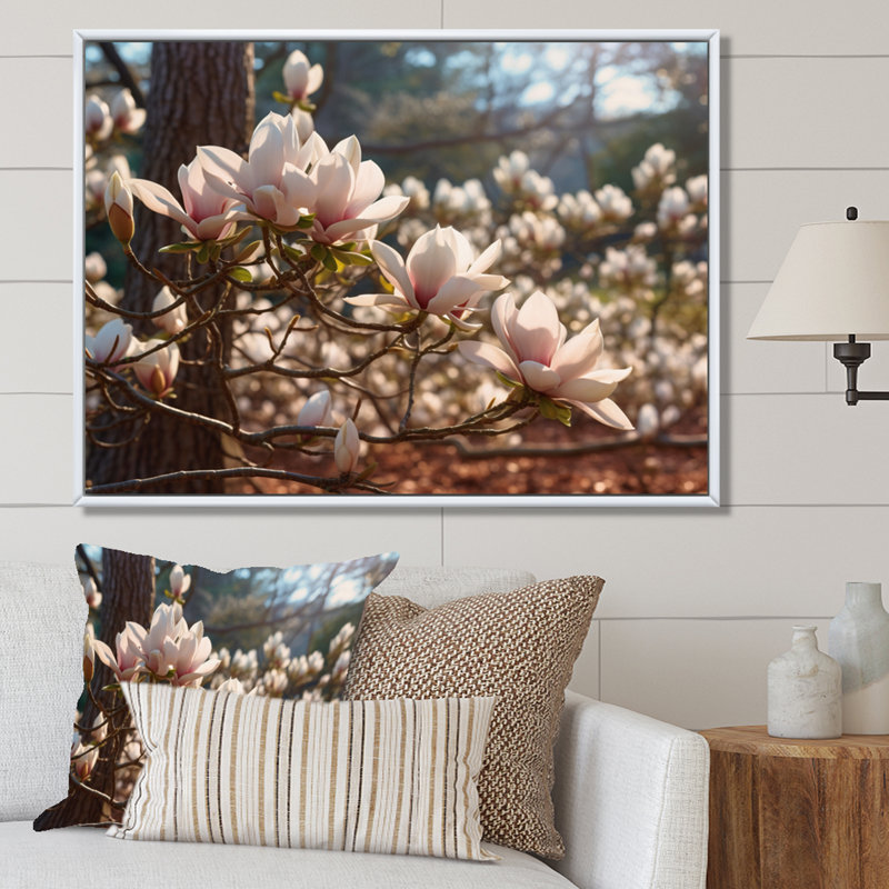 "White Pink Magnolias Landscape III", reproduction d'art sur toile, H 30 po x l 40 po x P 1,5 po, Cadre flottant blanc