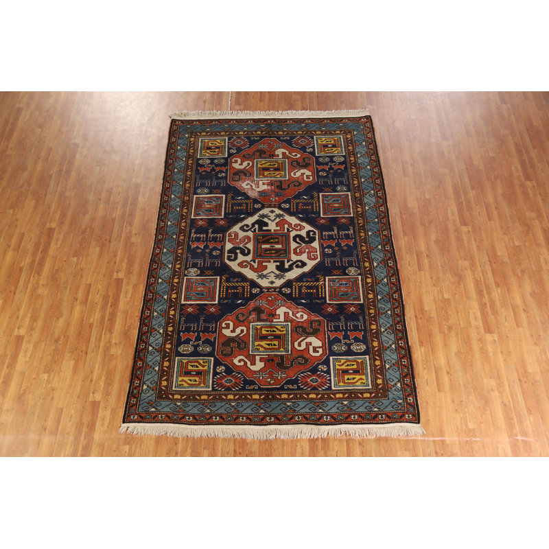 Tapis oriental antique à teinture végétale bleu Kazak