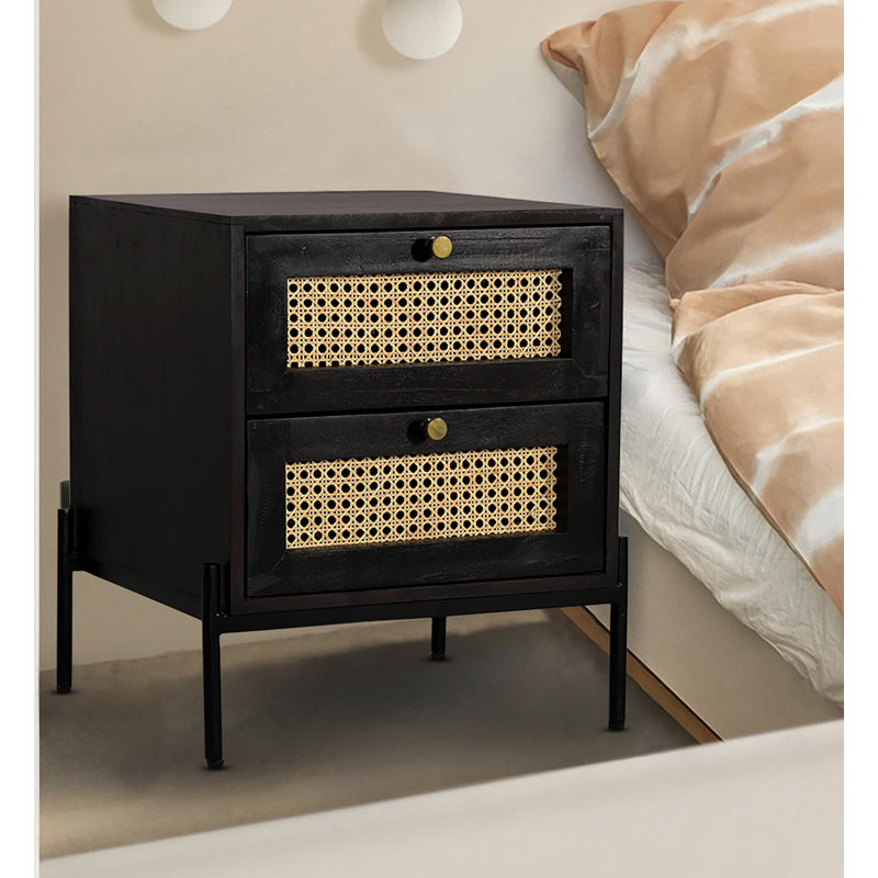Gumbert Framingham 2 Drawer Rattan Bedside Table Black