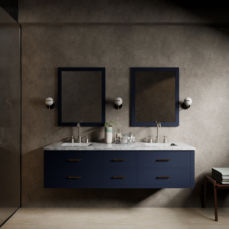Castor 72" Wall-Mounted Double Bathroom Vanity Set, Blue, White Carrara Marble