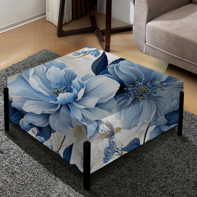 Serene Blue Garden Blooms Floral Motif II - grand repose-pieds carré floral