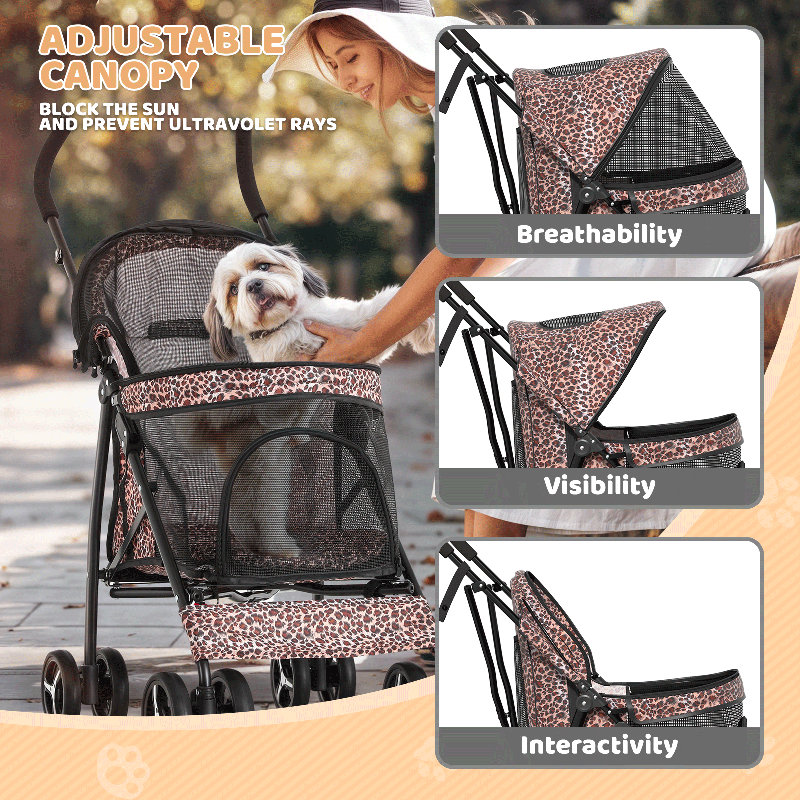 Leopard Print Steel Frame Dog Stroller with Mesh Windows