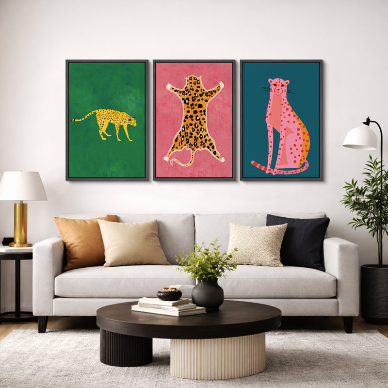 Bright Preppy Animals "Pop Vibrant Bold Green Pink Blue Artwork, Chic Tiger Leopard Colorful Wall Pictures, 3 Pieces Framed Canvas Giclee Digital Print Wall Art"