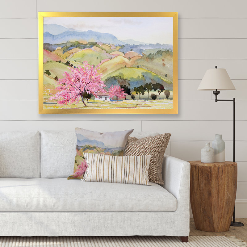 «Pink Mountain Tree in Autumn Landscape», peinture sur toile, L 32 po x H 24 po, Encadrement doré
