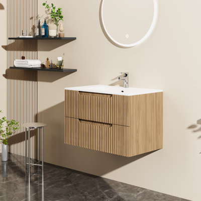 Meuble-lavabo mural flottant 30 po, noyer, système de fermeture en douceur, grands tiroirs pour accessoires, style contemporain Mid-Century avec lavabo, tiroir, deux grands tiroirs de rangement,