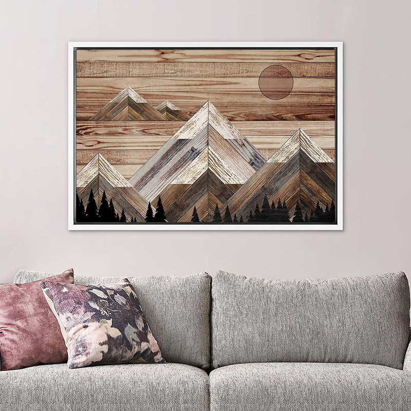 «Western Wood Effect Landscape Sunlight Snowy Mountain Range Sky Nature Wilderness - Floater Frame», impression sur toile