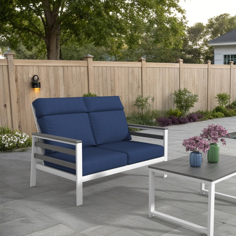 Townsend Metal Outdoor Loveseat With Sunbrella Cushion, Blue, Solid Color
