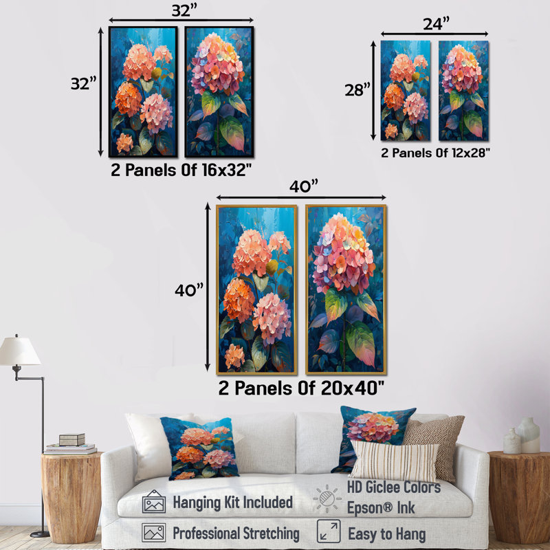 Ensemble de 2 pièces d'art mural hortensia rose et bleu en été I, Argent argent, H 28 po x l 24 po, Impression encadrée