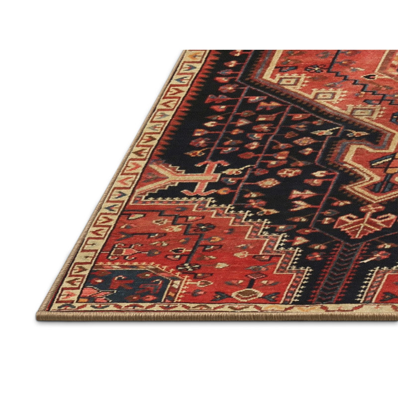 Tapis traditionnel rouge / noir / crème, Rectangle 5 pi x 7 pi