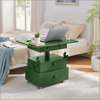High-Gloss Lacquered Adjustable Height Rolling End Table with Charging Station&Universal Wheels with Brakes, Multi-functional Lift Top Table with Storage Drawers for Living Room Bedroom