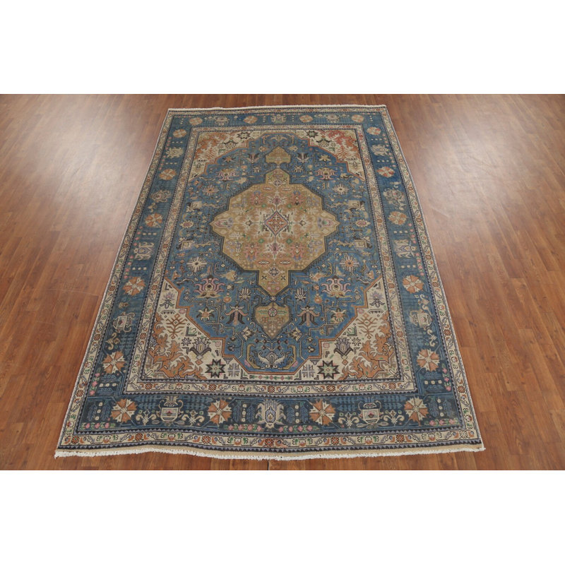 Tapis traditionnel en laine à motif géométrique bleu 7 x 10