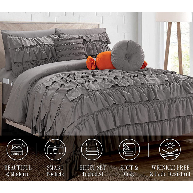 Elegant Comfort Ring Stitch Comforter, Gray, Twin Extra Long Comforter + 7 Additional Pieces