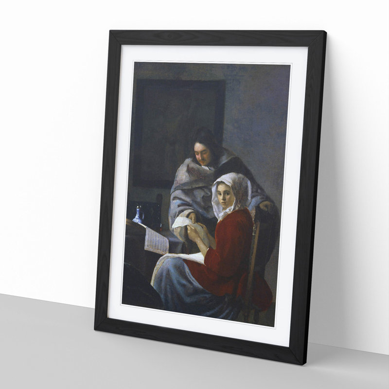 Girl Interrupted at Her Music by Johannes Vermeer - Picture Frame Painting, 36cm H x 27cm W x 2cm D, Black Framed