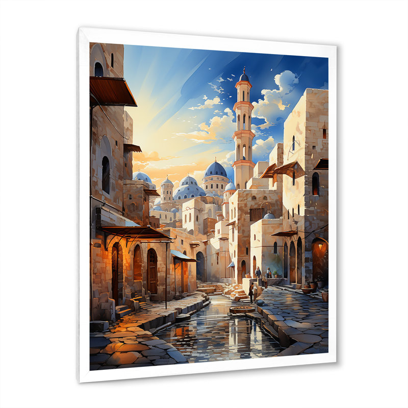 Lyonnie, l'islam, minaret hauteurs sur toile, H 44 po x l 34 po x P 1,5 po, Cadre photo blanc