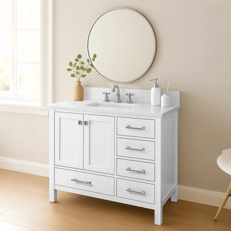 42 po X P 22 po D Meuble-lavabo simple avec comptoir, Blanc, Nickel brossé