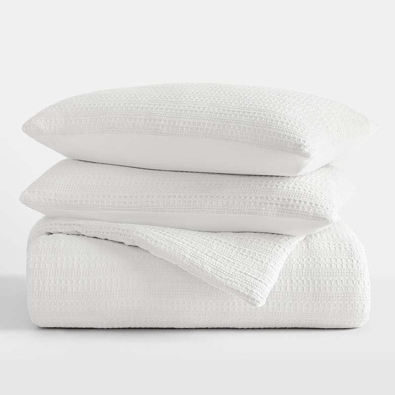 Ensemble d'édredon texturé 3 pièces Waffle, Édredon pour grand lit + 2 taies décoratives, Blanc