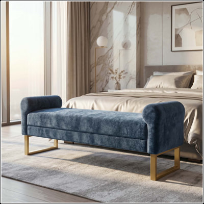 Banc de rangement avec repose-pieds 65,75 "en chenille avec pieds en métal doré - Très grand (double)