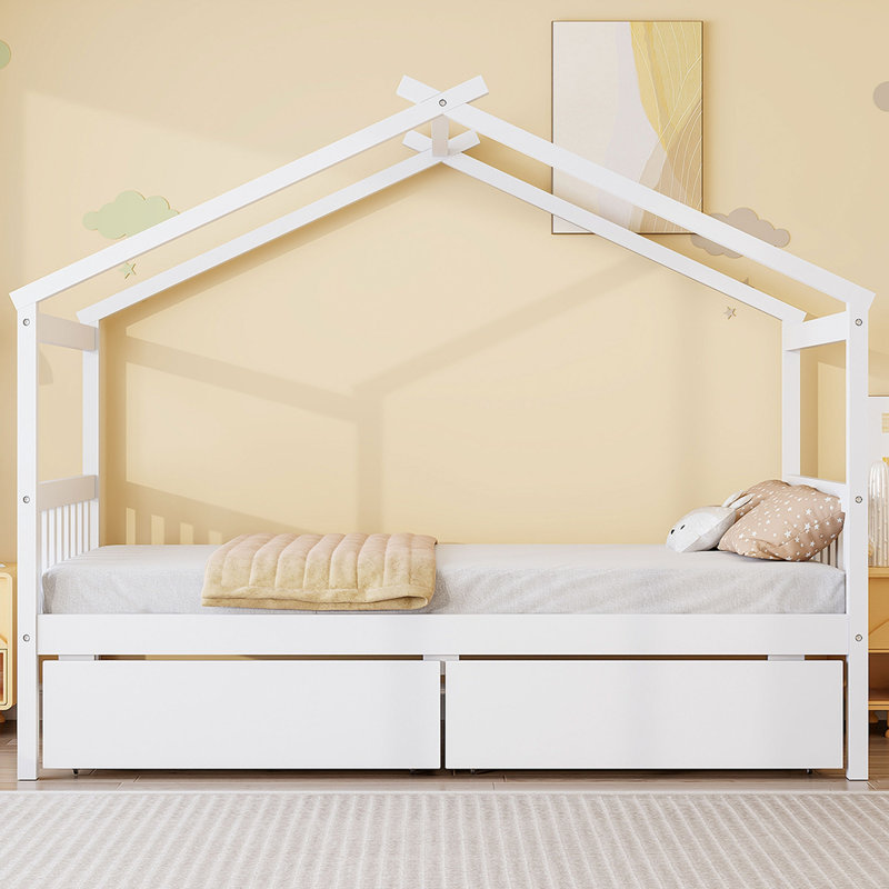 Lit en bois avec tiroirs, Double, Blanc