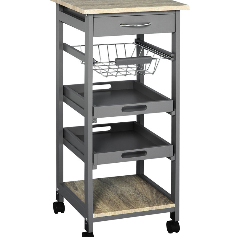 Mobile Kitchen Island With Storage Drawer, Wire Basket & Tray, Grey Trolley On Wheels Trays, Gray