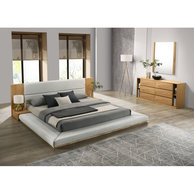 Ensemble de chambre à coucher 3 pièces avec lit plateforme tapissier Amalie, Grand, Chêne naturel