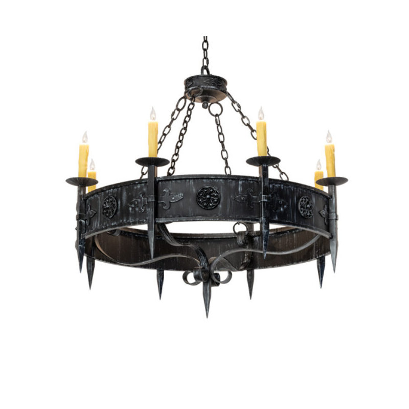 Lustre en roue de chariot à 8 lumières de style bougie Calandra, Barrière de fer antique, Pas d'ombre