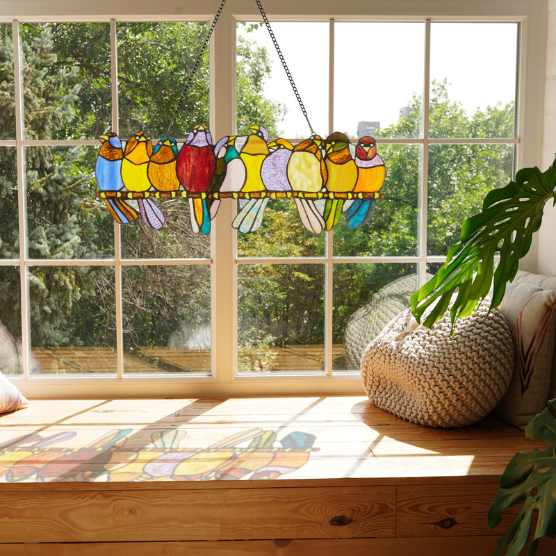 9.5"H Multi-Colored Stained Glass Birds on a Wire Window Panel
