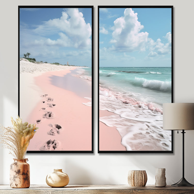 «Pink Minimalisme Beach Landscape II», art mural sur toile rose, H 32 po x l 32 po, Impression encadrée flottante, Noir