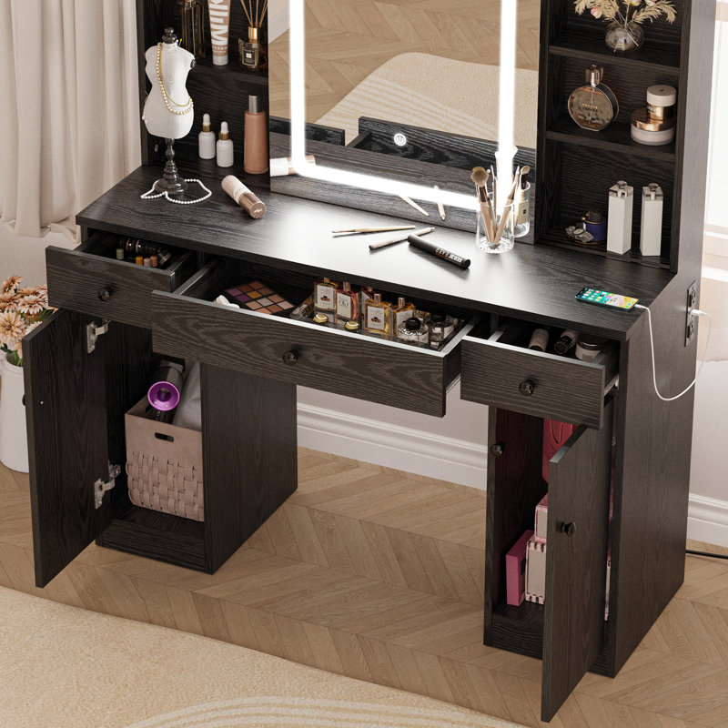Kimrey Vanity Desk with Llight Sliding Mirror and 7 Drawers,  Makeup Vanity Table Set for Bedroom, Black