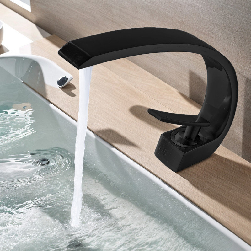 Robinet de salle de bain monocorps à poignée simple avec bec incurvé, Noir mat
