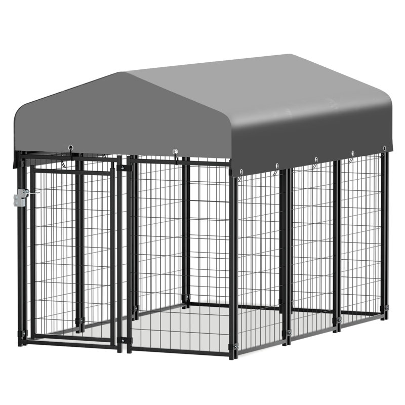 Heavy Duty Black Metal Outdoor Dog Kennel with Gray Waterproof Canopy